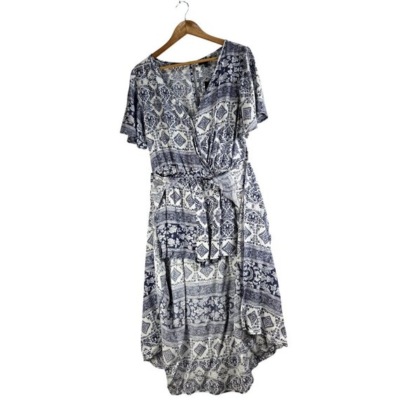 Romper Dress Midi Bule White Floral Geometric L by Hype Skort Vaca Beach Boho - Picture 4 of 15